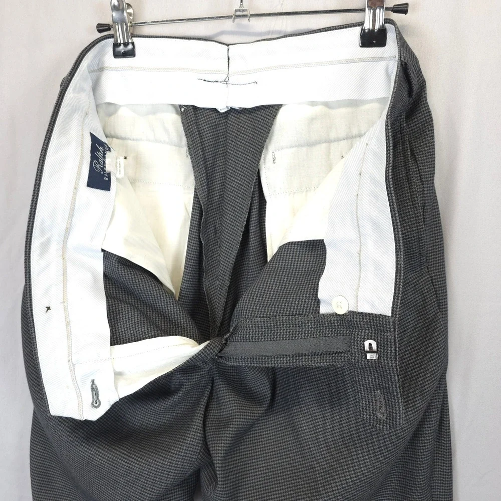 Ralph Lauren Men 34x28 Grey Houndstooth Dress Pants Flat Front Straight Leg‎